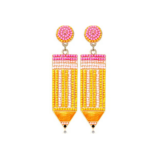 Beaded Pencil Teacher Earrings in Pink & Yellow